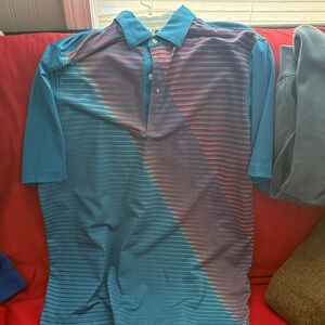 Greg Norman Collection Teal and Coral Striped Polo Shirt